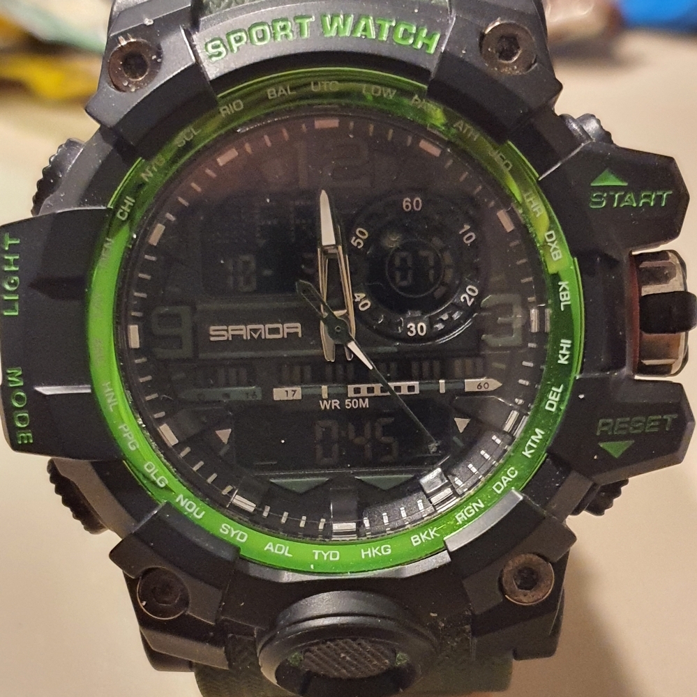 10/$20 Sanda Black/Green Ani-Digital Alarm Chrono Men's Watch
